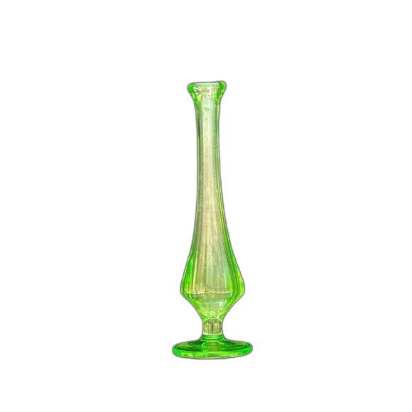 VTG 8” Green Footed Swung Glass Bud Vase Glows Vaseline Glass - Picture 3 of 6